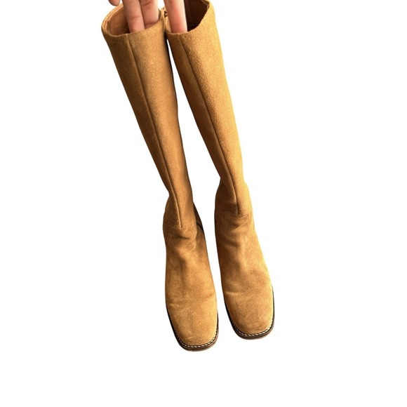 Women's Brown Suede Leather Campus Block Heel Tall Zip Up Square Toe Boots 9.5 - Picture 3 of 12